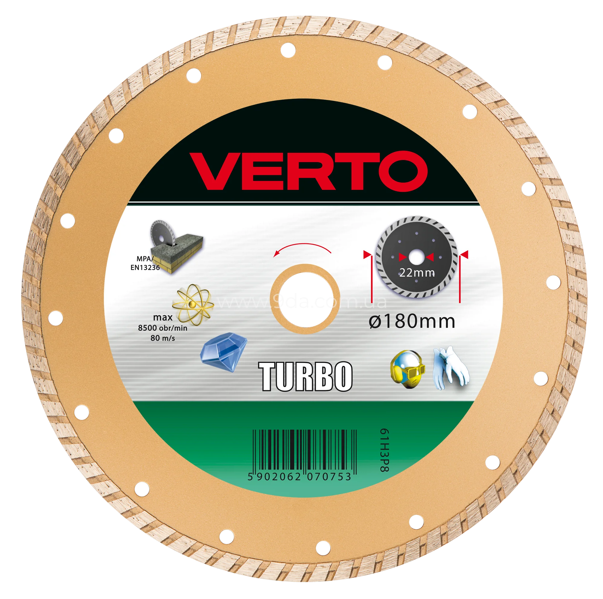 Диск алмазний 180 x 22.2мм, turbo, 61H3P8, Verto - 1