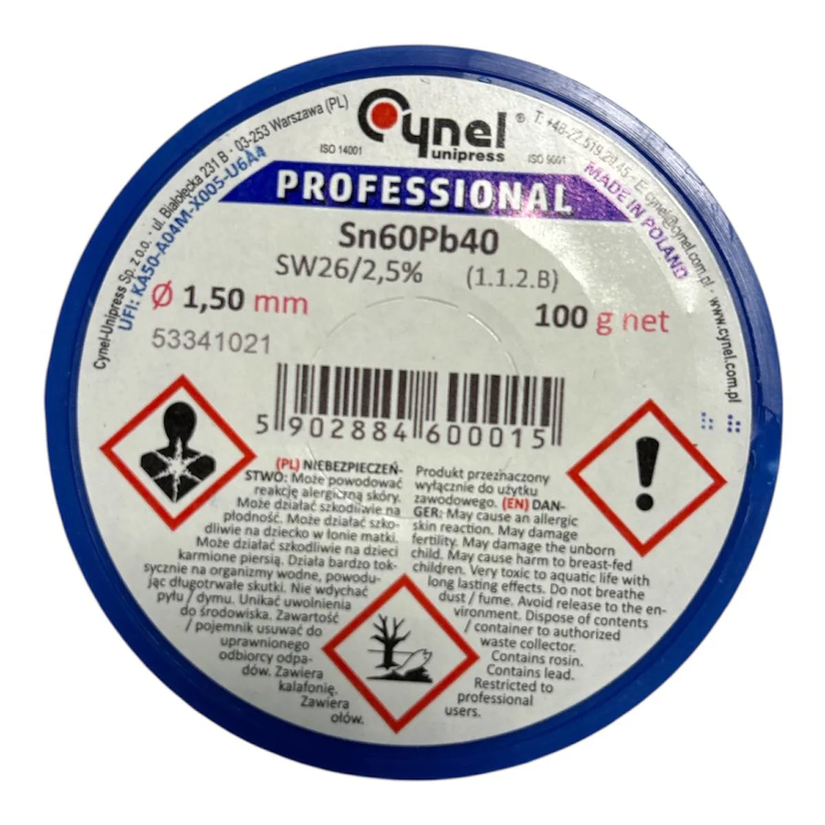 Припій ПОС-60 ф1,5мм з флюсом на котушці, 100г, Sn60Pb40-SW26/2.5%, 76814, Cynel - 2