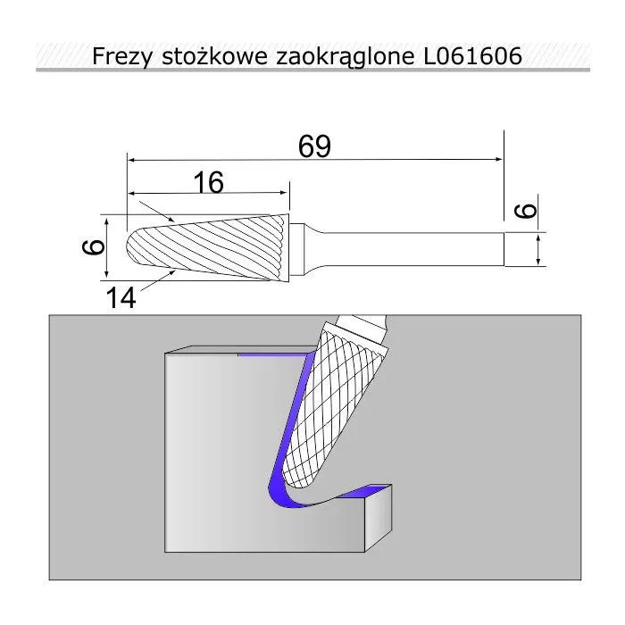 Борфреза конус заокруглений L  6х16х6х69мм, 14° - 2