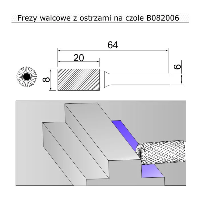 Борфреза циліндрична з торцевим зубом B  8х20х6х64мм, B082006, Sherman profi, KWeld - 3