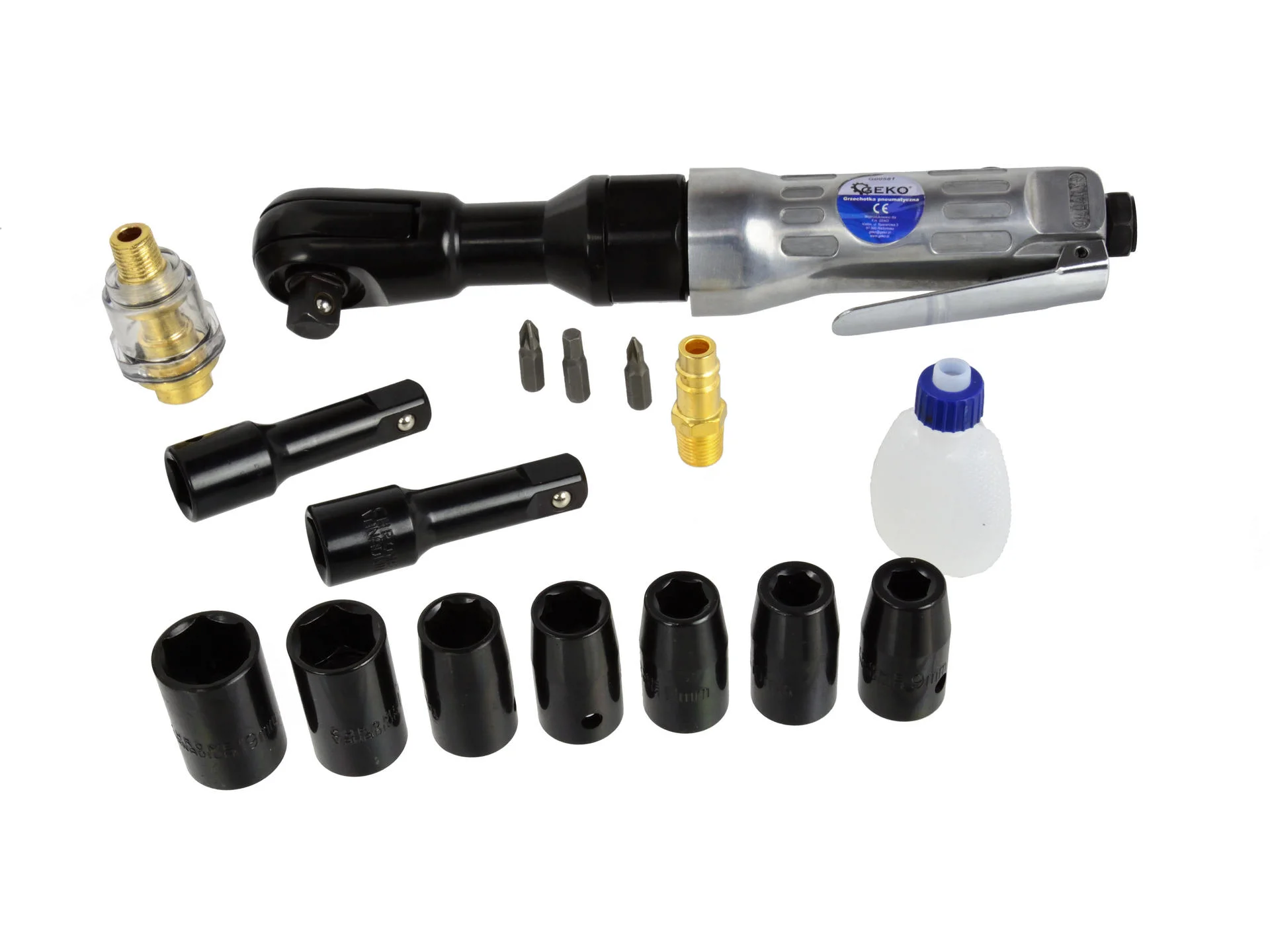Пневмотріскачка 1/2" в наборі з головками, бітами, подовжувачами та маслянкою, 115л/хв, 4 бар, G00581, Geko - 2