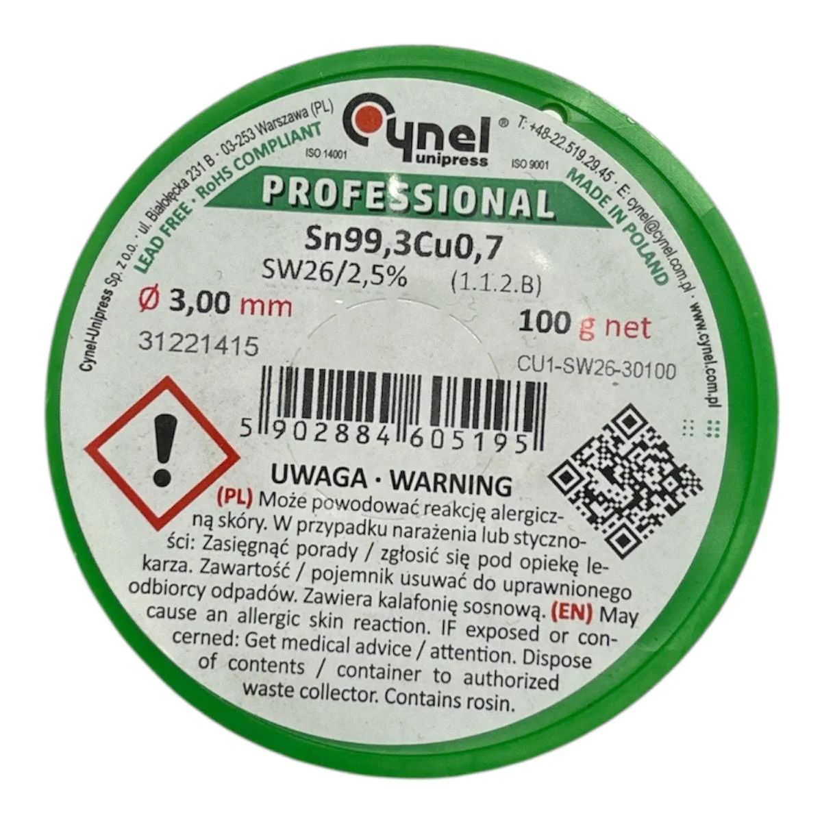 Припій ф3,0мм з флюсом на котушці 100г, Sn99,3Cu0,7-SW26/2.5%, без свинцевий, Cynel - 2