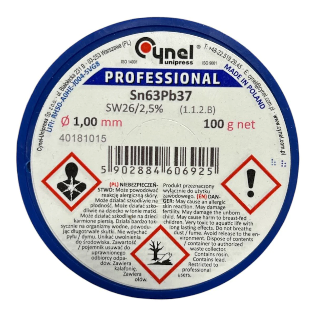 Припій ПОС-63 ф1,0мм з флюсом на котушці, 100г, Sn63Pb37-SW26/2.5%, 100г, Cynel - 2