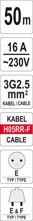 Подовжувач на котушці 50м, 3x2,5мм²-H05RR-F, 4 гнізда, 16A IP44, YT-8108, Yato - 3